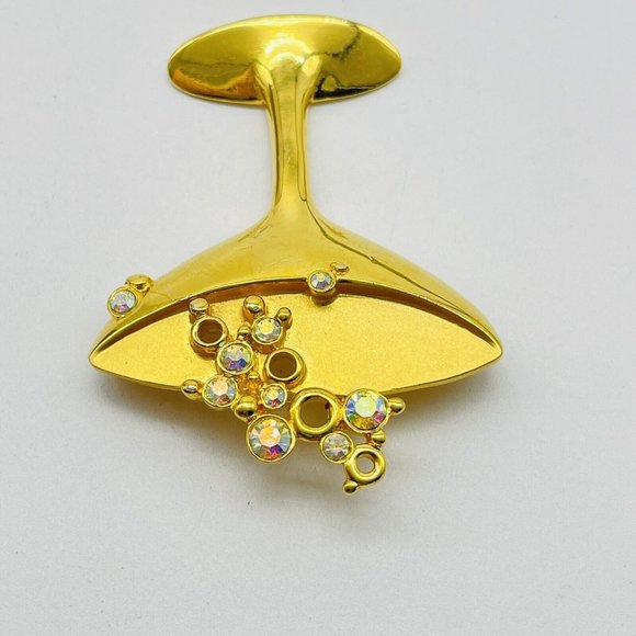 JJ Signed Champagne Glass and Bubbles Brooch Gold Tone Aurora Borealis Beads - Picture 3 of 7